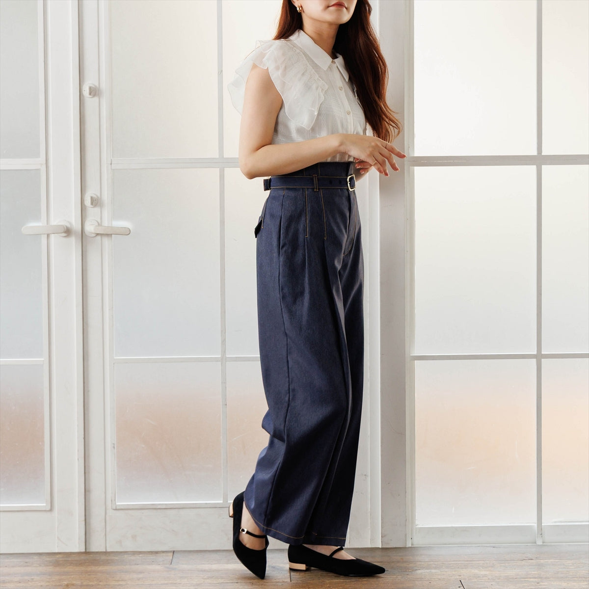 【26AW/WEB限定デザイン】配色ヒールストラップフラットパンプス/640016