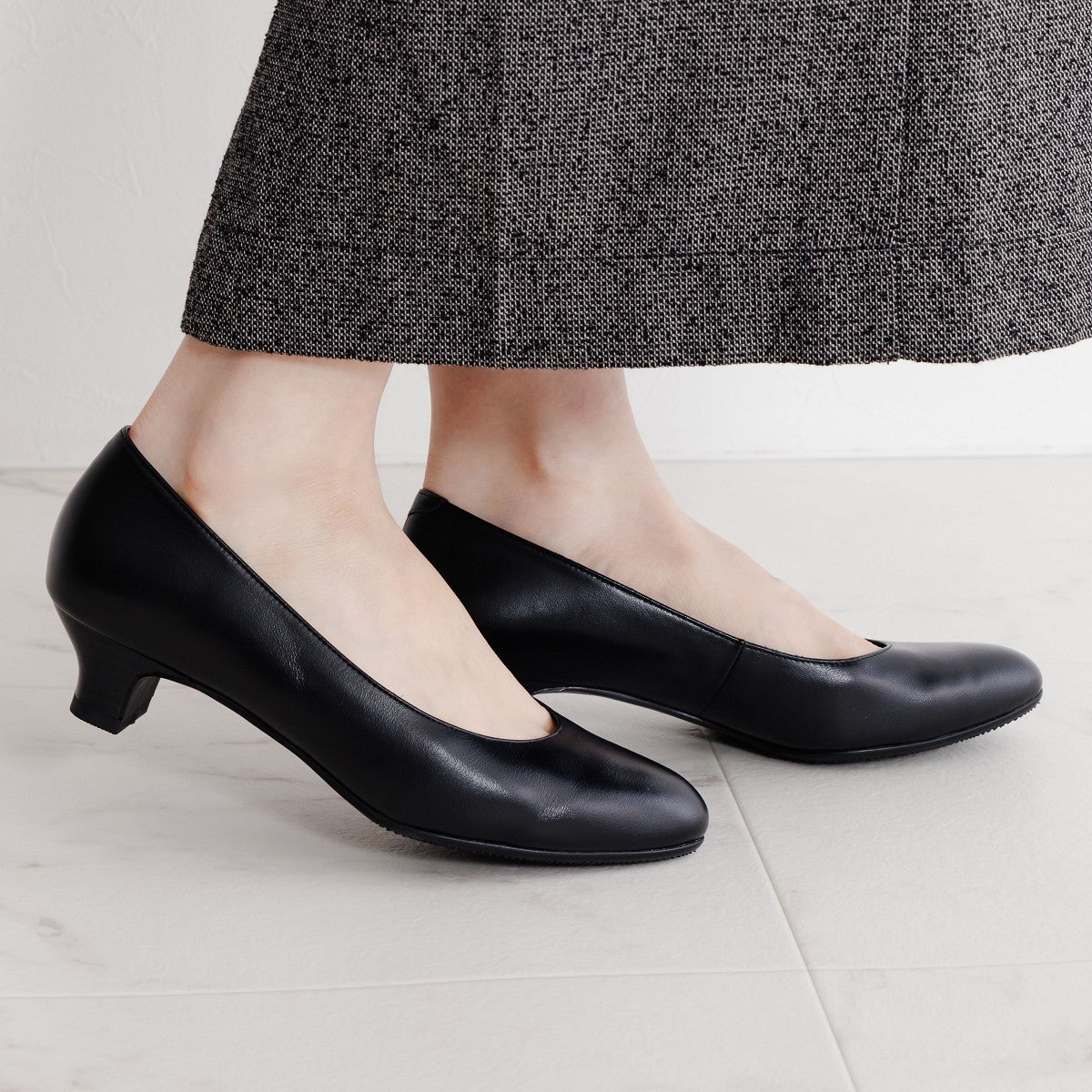3.5㎝ヒールラウンドトゥブラックパンプス/600001