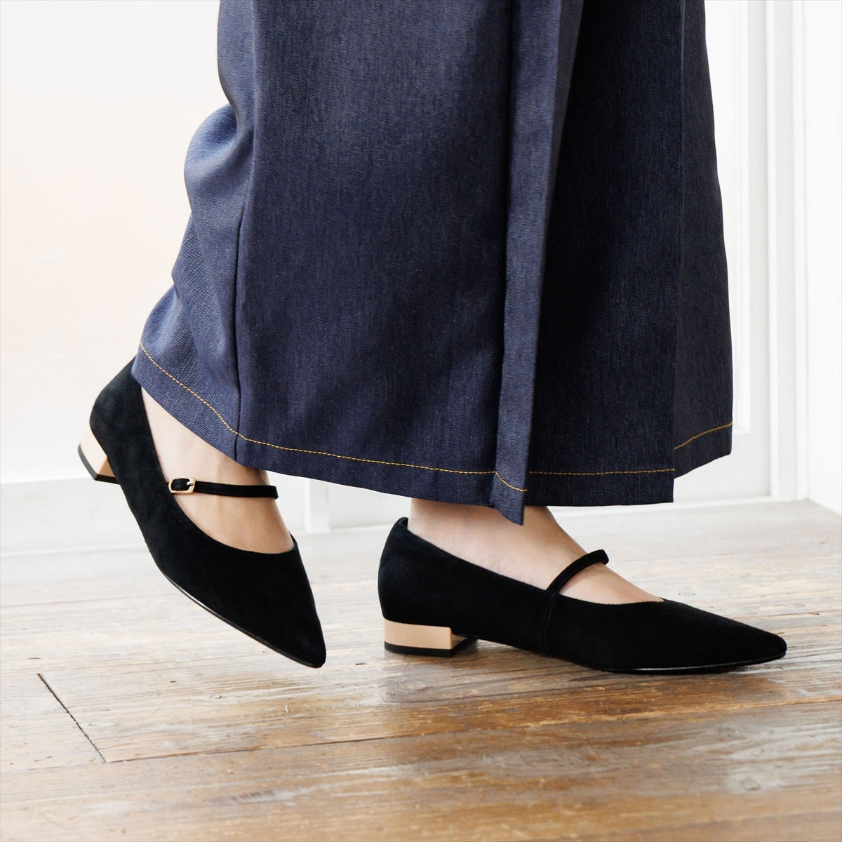 【26AW／WEB限定デザイン】配色ヒールストラップフラットパンプス/640016